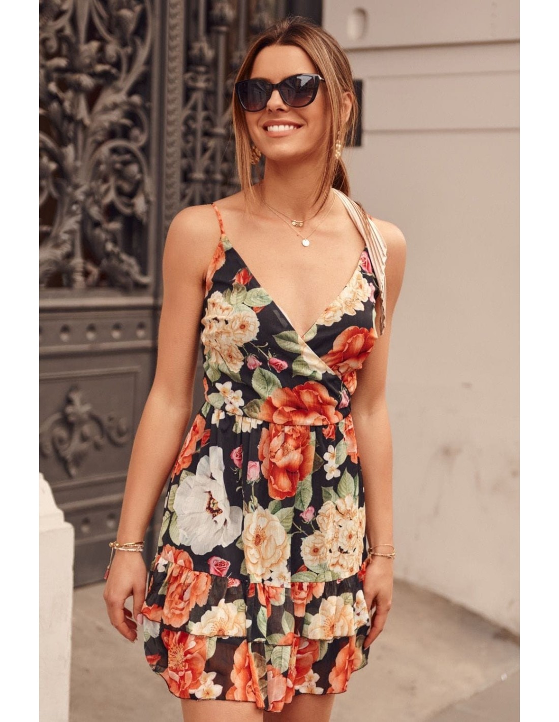 Elegant dress with colorful flowers, black PR3210 - Online store - Boutique